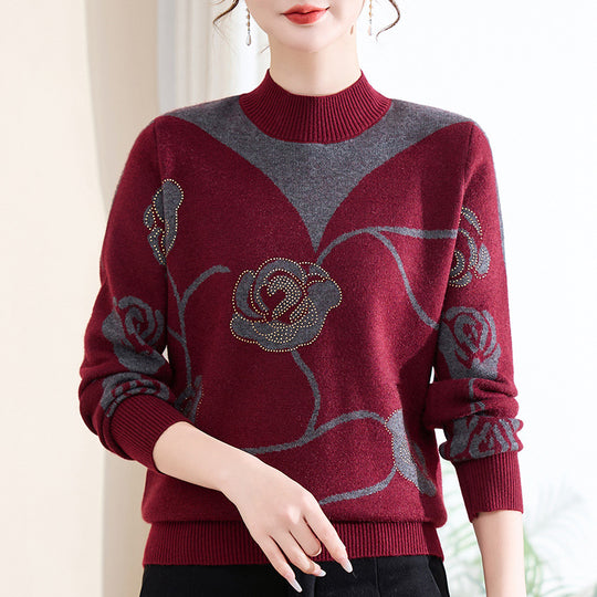 Damen-Strickpullover mit Stehkragen und Blumenmuster