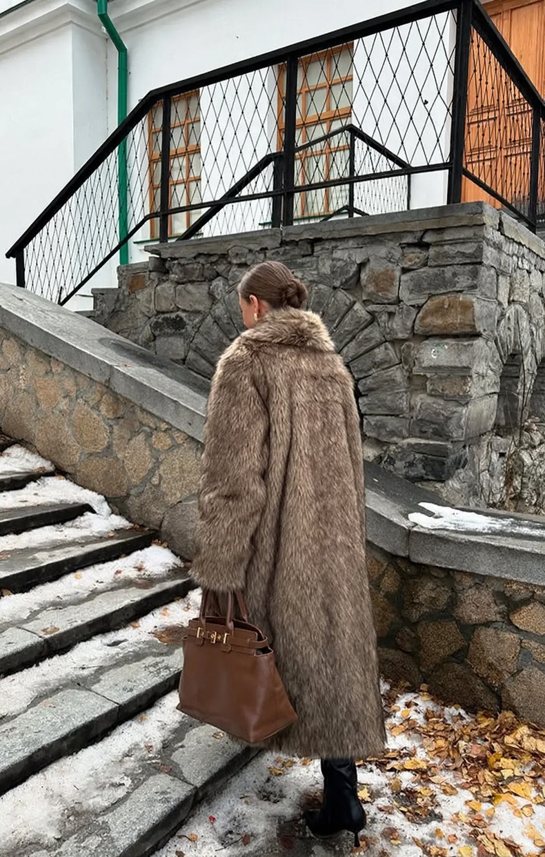 Langer Vintage-Mantel in Kunstfell-Optik