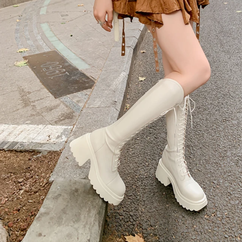 Hohe Stiefel Damenstiefel mit Schnürung und Robuster Ferse