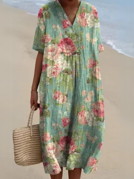 Lässiges Kleid mit Floralem Druck aus Atmungsaktivem Baumwollstoff
