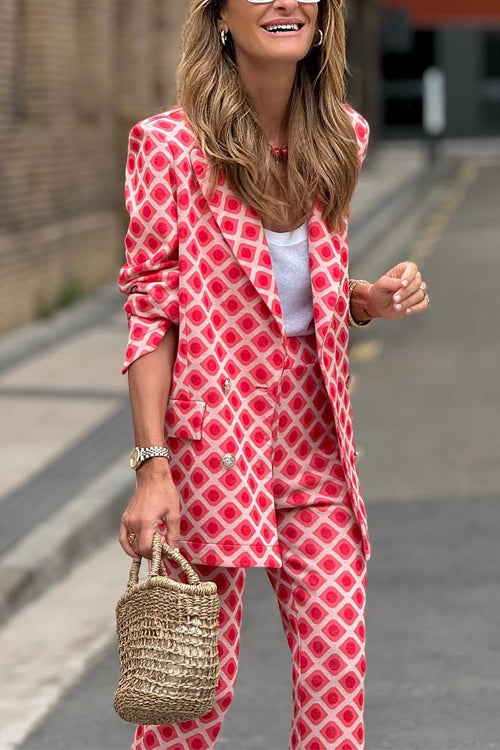 Rosiedress Geometrischer Druck Revers Doppelt Knopf Blazer und Flare-Hosen Set