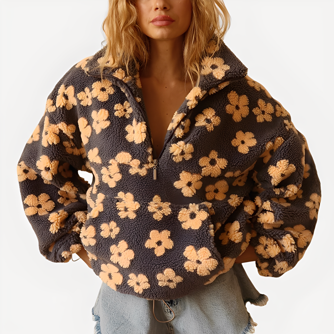 Damen-Sherpa-Pullover mit stilvollem Blumenmuster