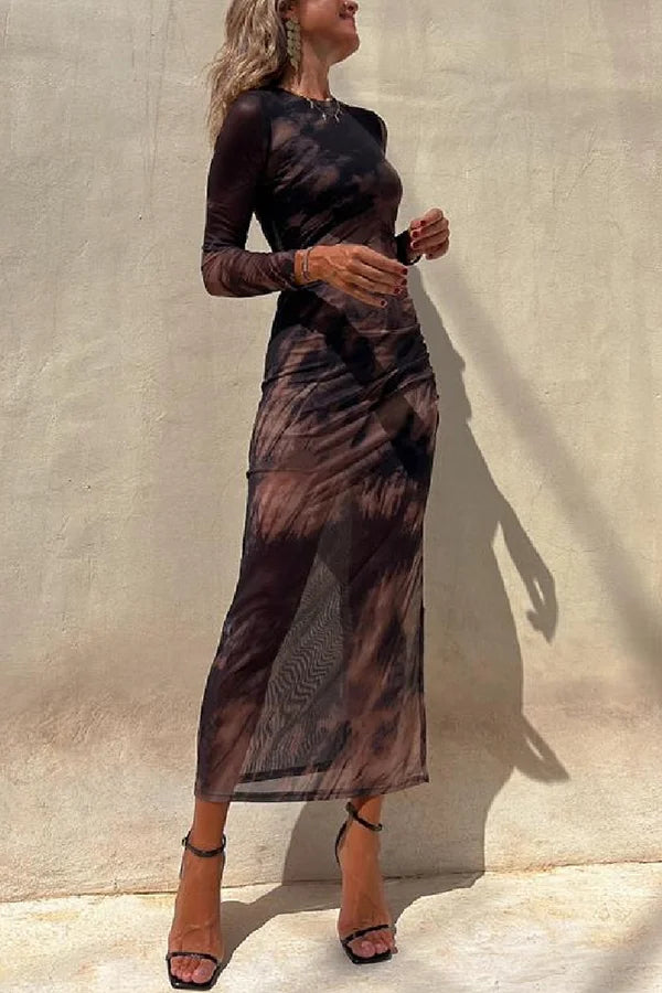 Charm Lady Mesh Overlay Tie Dye Print Langarm Rüsch Stretch Midi Kleid