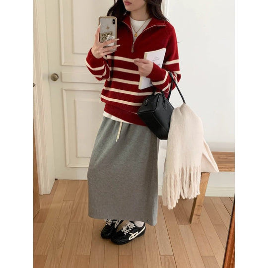 Damen-Strickpullover mit Reißverschluss und Streifenmuster