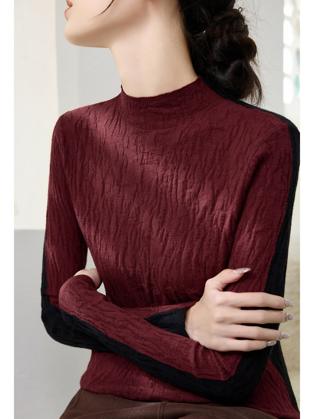 Damen-Strickpullover mit Struktur, Stehkragen, wendbar