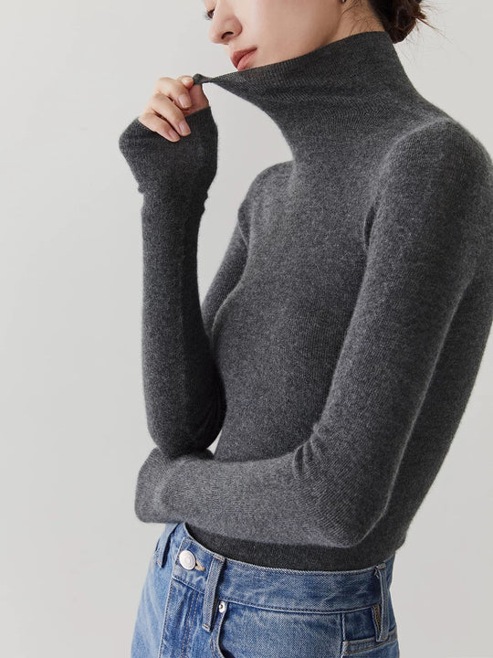 Damen-Kaschmirpullover mit Stehkragen, nahtlos