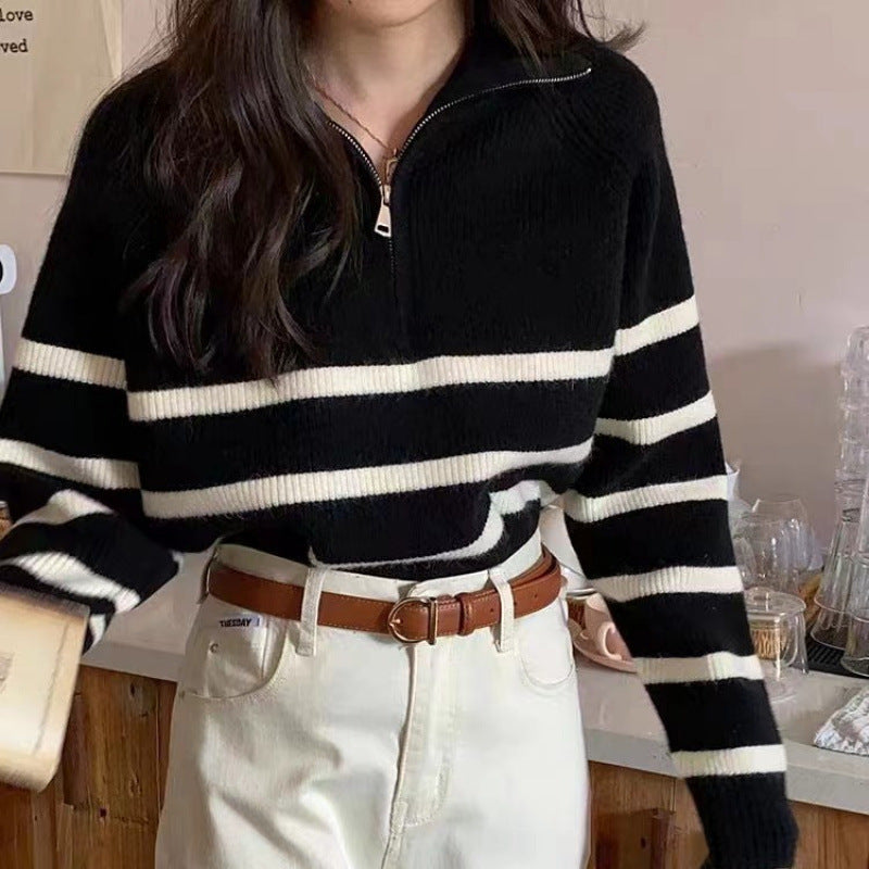 Damen-Strickpullover mit Streifen und Reißverschluss