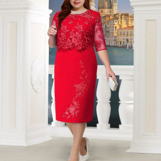 Damen Elegantes Spitzen-Overlay Etui-Kleid mit besticktem Chiffonoberteil und halbtransparenten Ärmeln Shop Nory