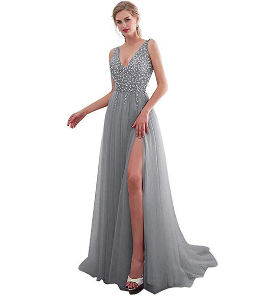 Damen Elegantes Abendkleid mit funkelnden Pailletten und tiefem Schlitz