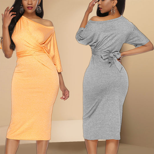 Damen Ein-Schulter Wickel-Midikleid tailliert mit Raffung und asymmetrischem Ärmel Shop Nory