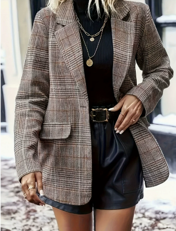 Lange Elegante Damenblazer Mit Karomuster Und Reverskragen | Perfekt Für Alle Jahreszeiten