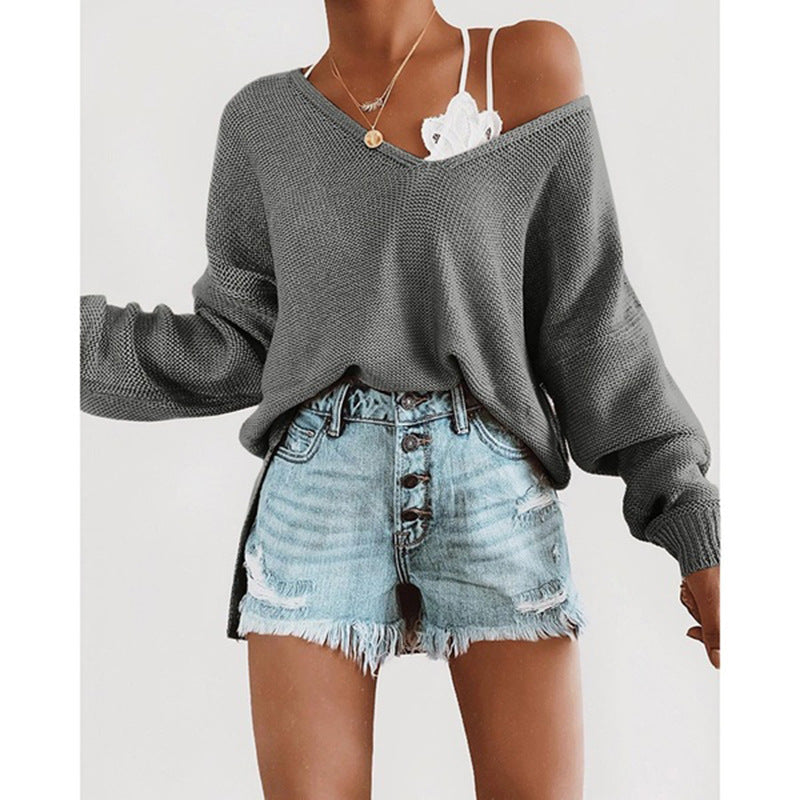 Damen lässiger Strickpullover mit tiefem V-Ausschnitt und lockerer Silhouette