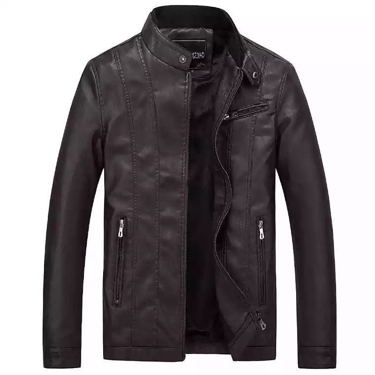 Herren Moderner Slim-Fit Lederoptik-Blouson mit Stehkragen und Brust-Reißverschlusstasche Shop Nory