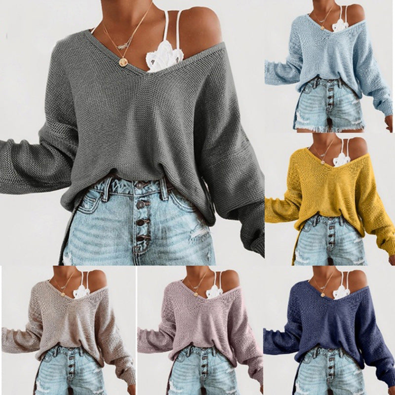 Damen lässiger Strickpullover mit tiefem V-Ausschnitt und lockerer Silhouette