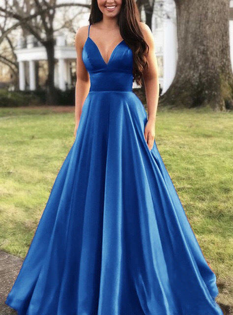 Damen A-Linien Abendkleid mit tiefem Ausschnitt und schmalen Trägern