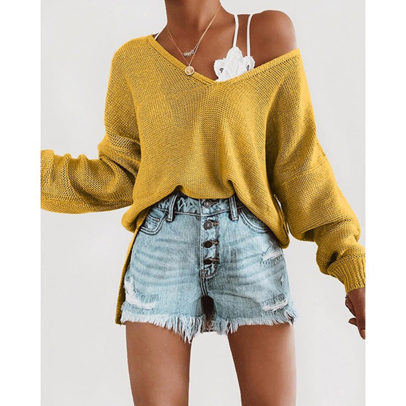 Damen lässiger Strickpullover mit tiefem V-Ausschnitt und lockerer Silhouette