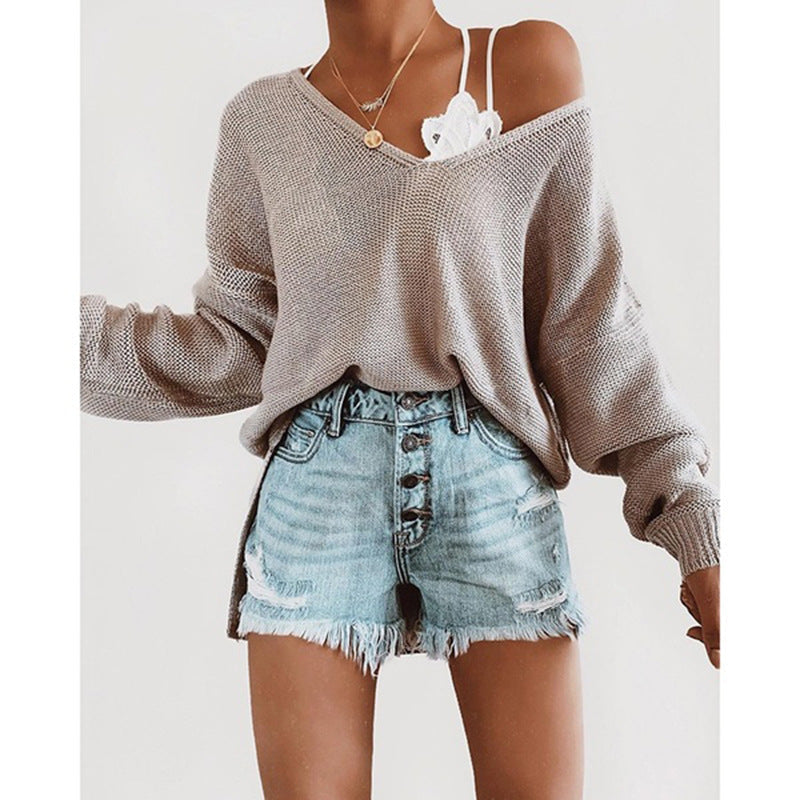 Damen lässiger Strickpullover mit tiefem V-Ausschnitt und lockerer Silhouette