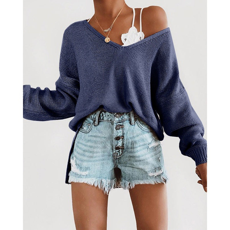 Damen lässiger Strickpullover mit tiefem V-Ausschnitt und lockerer Silhouette
