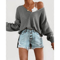 Damen lässiger Strickpullover mit tiefem V-Ausschnitt und lockerer Silhouette