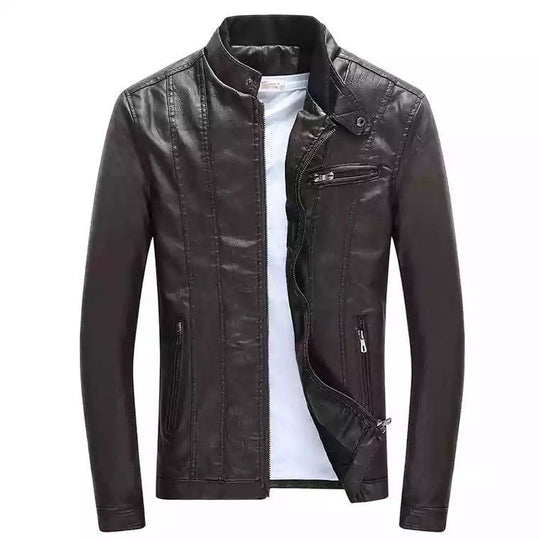 Herren Moderner Slim-Fit Lederoptik-Blouson mit Stehkragen und Brust-Reißverschlusstasche Shop Nory