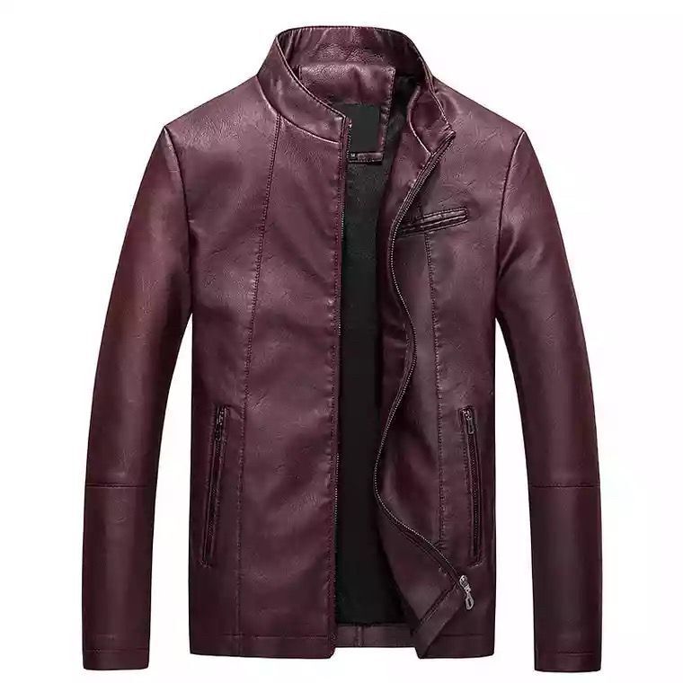 Herren Slim-Fit Kunstlederjacke im Bikerstil mit Stehkragen und Reißverschluss Shop Nory