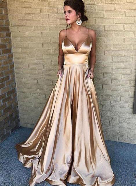 Damen A-Linien Abendkleid mit tiefem Ausschnitt und schmalen Trägern