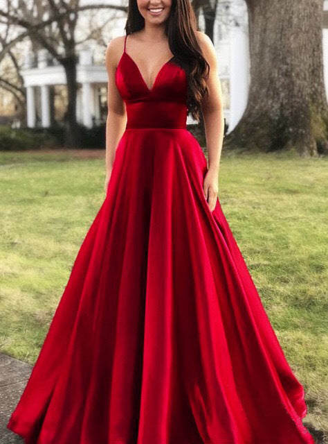 Damen A-Linien Abendkleid mit tiefem Ausschnitt und schmalen Trägern