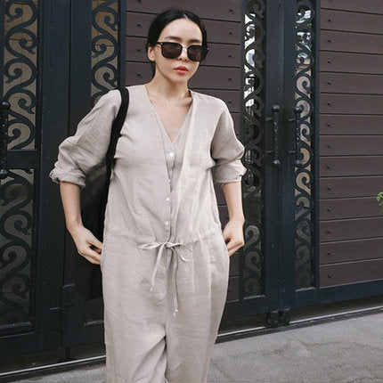 Damen Leinen-Overall mit V-Ausschnitt und Bindegürtel Shop Nory