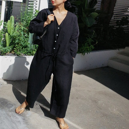 Damen Leinen-Overall mit V-Ausschnitt und Bindegürtel Shop Nory