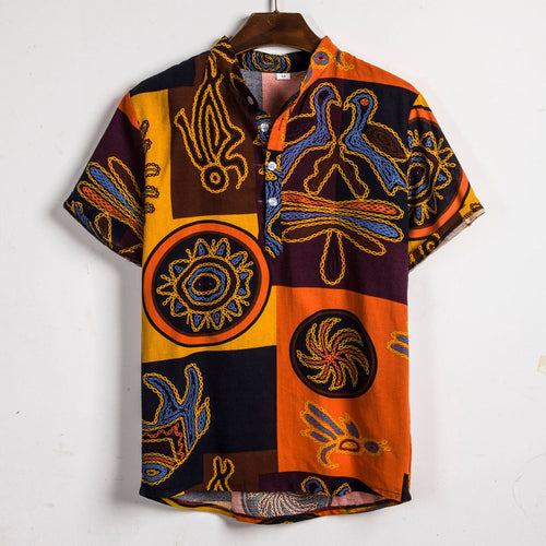 Herren Kurzarmhemd mit afric-inspired Mustern und lässigem Henley-Ausschnitt