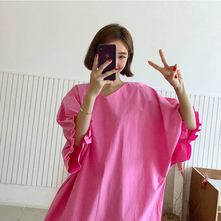 Damen Oversized V-Ausschnitt Baumwollkleid mit Volantärmeln Shop Nory