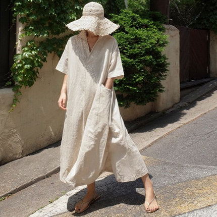 Damen Weites Hemdkleid aus Leinenmix mit Kentkragen, Kurzarm und Seitenschlitzen Shop Nory