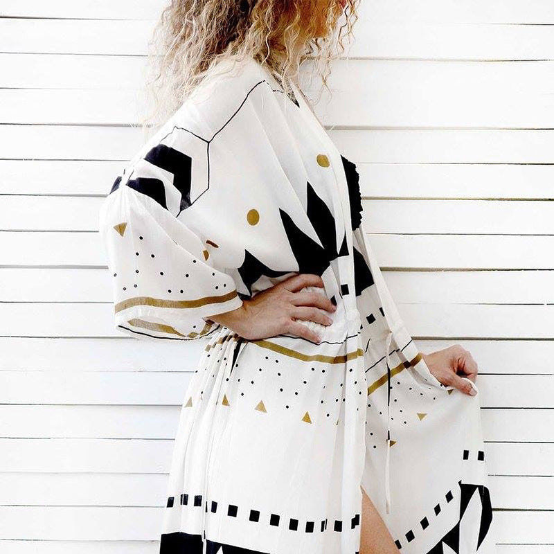 Damen Midikleid-Kaftan mit V-Ausschnitt, Tunnelzug-Taillenraffung & grafischem Print Shop Nory