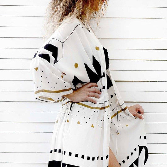 Damen Midikleid-Kaftan mit V-Ausschnitt, Tunnelzug-Taillenraffung & grafischem Print Shop Nory
