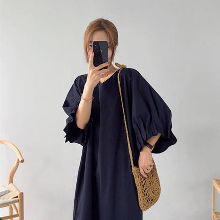Damen Oversized V-Ausschnitt Baumwollkleid mit Volantärmeln Shop Nory