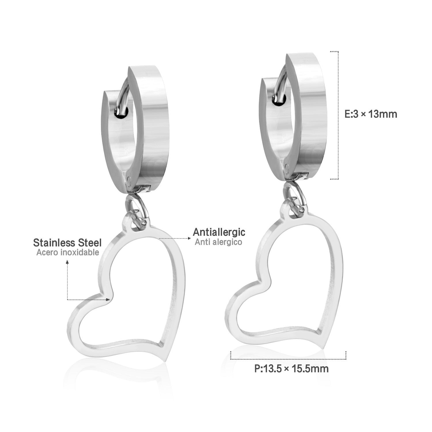 Damen Hängende Ohrstecker mit Herz-Anhänger aus hochwertigem Edelstahl Shop Nory