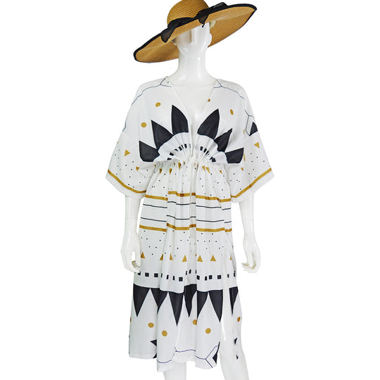 Damen Midikleid-Kaftan mit V-Ausschnitt, Tunnelzug-Taillenraffung & grafischem Print Shop Nory