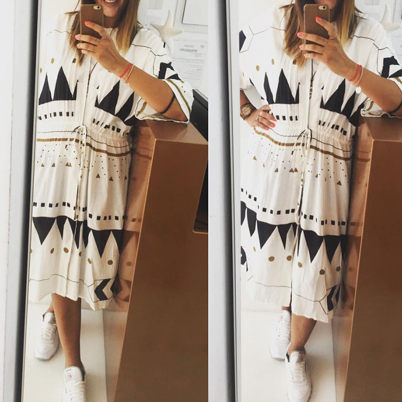 Damen Midikleid-Kaftan mit V-Ausschnitt, Tunnelzug-Taillenraffung & grafischem Print Shop Nory