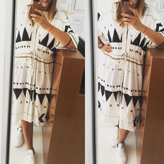 Damen Midikleid-Kaftan mit V-Ausschnitt, Tunnelzug-Taillenraffung & grafischem Print Shop Nory
