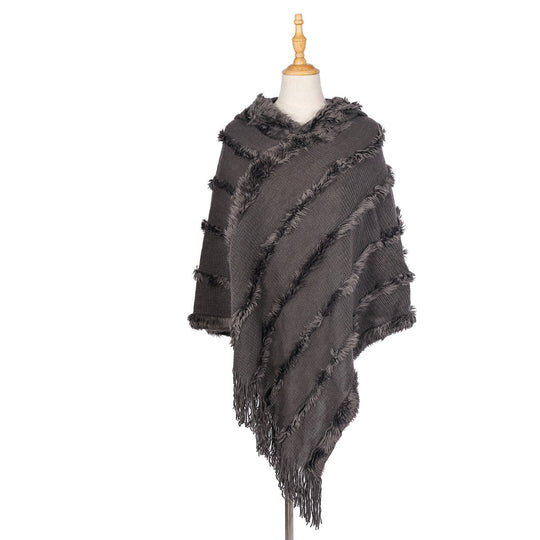 Damen Kapuzen‑Ruana mit diagonalem Fransen‑Relief und offener Zipfelpassform Shop Nory
