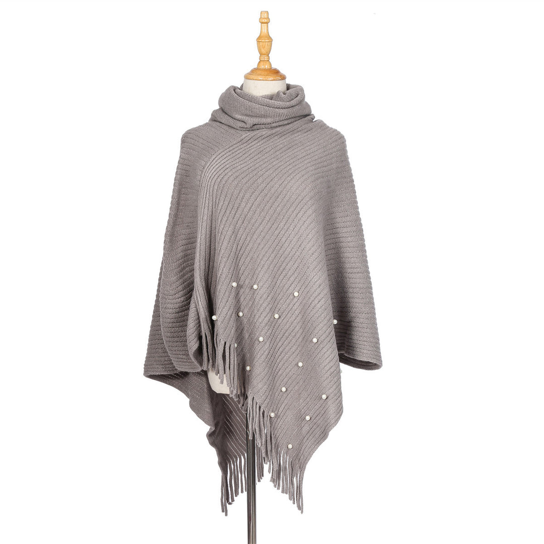 Damen Feinstrick-Poncho mit Rollkragen, Perlenapplikation und Fransensaum Shop Nory
