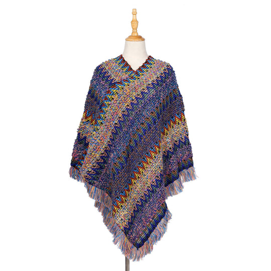Damen Mehrfarbiger Grobstrick-Poncho mit Zickzack-Jacquard und Fransen Shop Nory