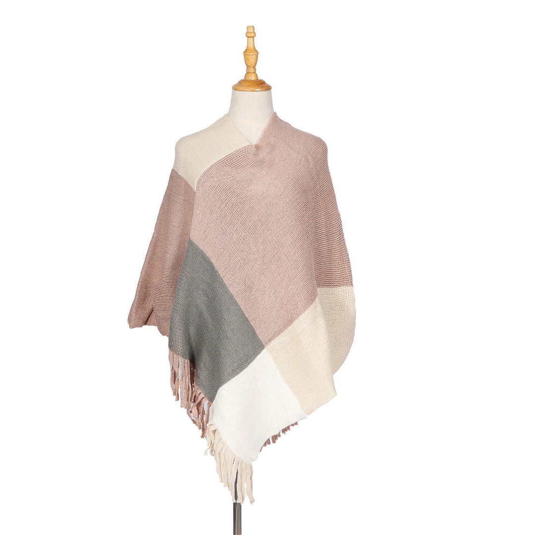 Damen Oversize-Ruana-Poncho mit farbigen Blockelementen und Fransensaum Shop Nory
