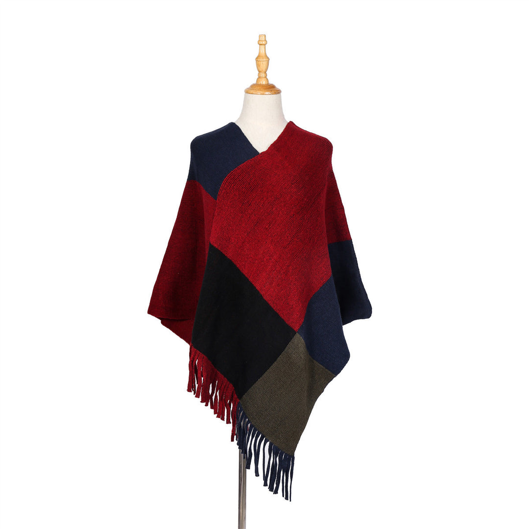 Damen Oversize-Ruana-Poncho mit farbigen Blockelementen und Fransensaum Shop Nory