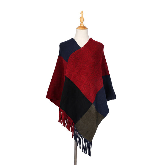 Damen Oversize-Ruana-Poncho mit farbigen Blockelementen und Fransensaum Shop Nory