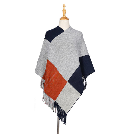Damen Oversize-Ruana-Poncho mit farbigen Blockelementen und Fransensaum Shop Nory