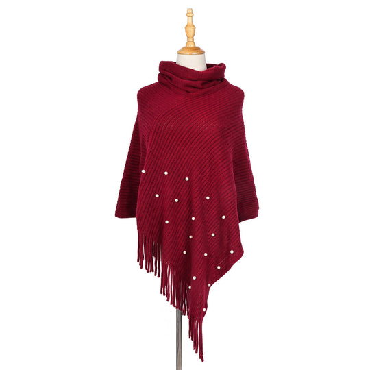 Damen Feinstrick-Poncho mit Rollkragen, Perlenapplikation und Fransensaum Shop Nory