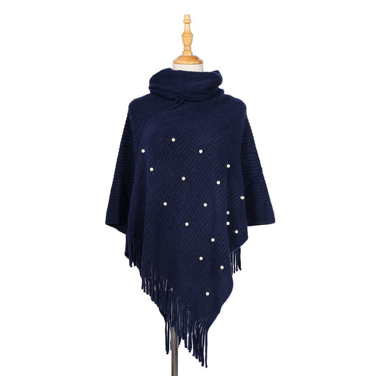 Damen Feinstrick-Poncho mit Rollkragen, Perlenapplikation und Fransensaum Shop Nory
