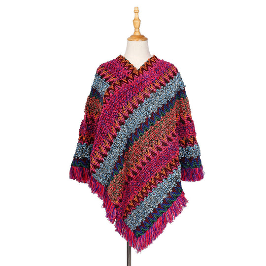 Damen Mehrfarbiger Grobstrick-Poncho mit Zickzack-Jacquard und Fransen Shop Nory
