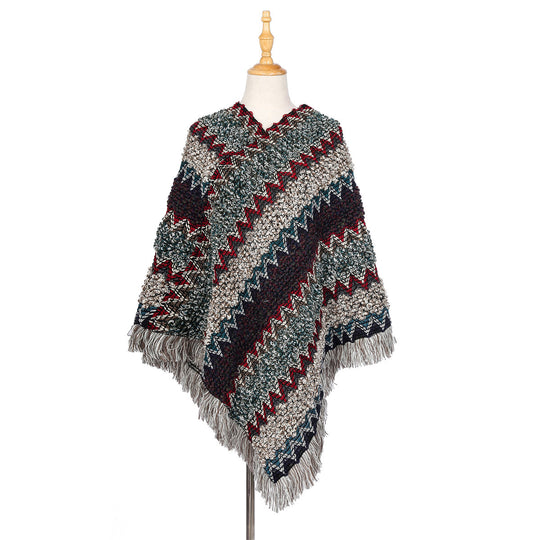 Damen Mehrfarbiger Grobstrick-Poncho mit Zickzack-Jacquard und Fransen Shop Nory